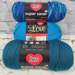 Red Heart Yarn Lot Of 3 Skeins Blue Teal Stripes Med #4 Crochet Knit